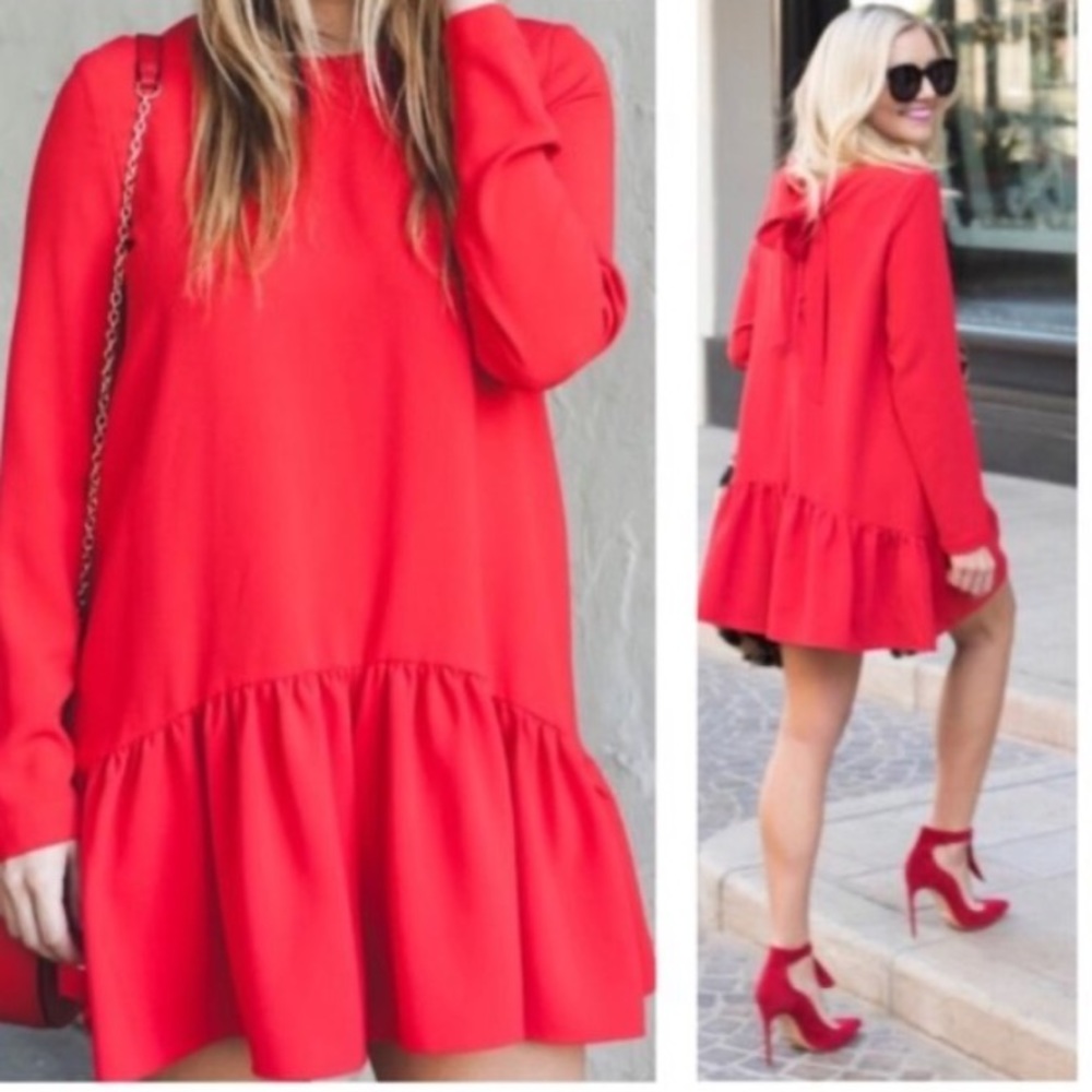 Zara Red Long-Sleeve Ruffle Hem Mini Dress/Jumpsuit